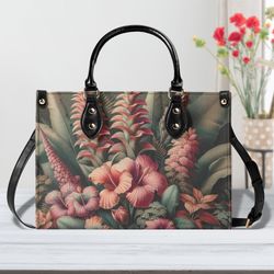 PU Leather Luxury Beautiful Handbag shoulder satchel purse tote Unique Cottagecore botanical beautiful maroon peach gree