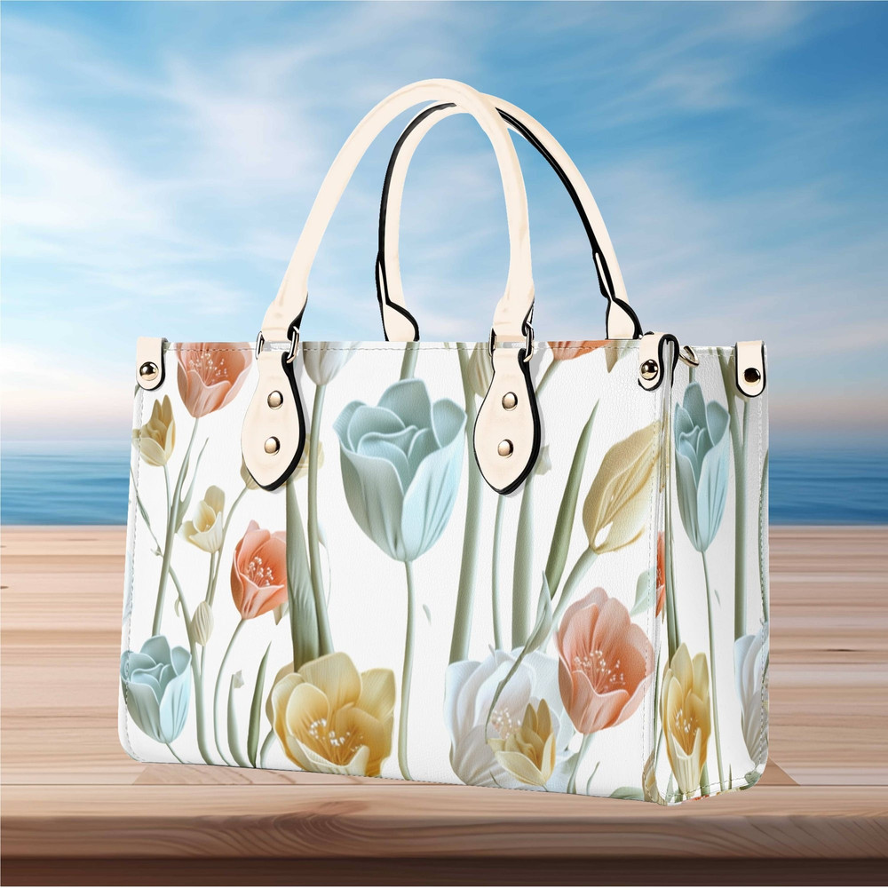 Women Leather PU Handbag Shoulder Bag tote purse beautiful tulip cute spring summer peach blue Floral flower botanical design pattern.jpg