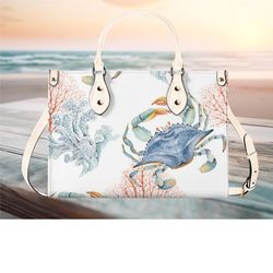 Women PU leather Handbag tote Art deco Crab Ocean abstract art purse Large Tote would be Perfect for Vacation Beach Trav