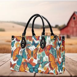 Women PU leather Handbag tote Butterfly rainbow of colors design abstract art purse Large Tote Beach Travel Mother's Day