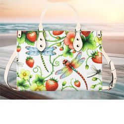 Women PU Leather Handbag tote purse beautiful spring floral strawberry dragon fly handbag Botanical Garden design spring