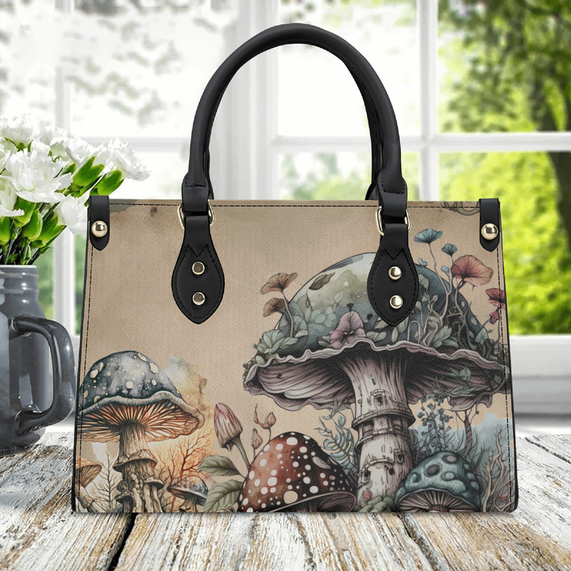 Women PU leather Handbag tote top handles unique dark cottagecore mushroom color design color purse Make a nice gift Mom Grandma wife.jpg