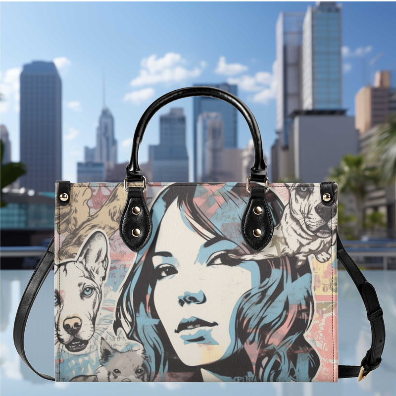 Women PU leather Handbag tote unique beautiful Art deco girls face with dogs design abstract art purse Spring Sumer Mom wife gift.jpg