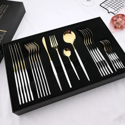 24 Pcs Premium Stainless Steel Dining Cutlery Set Golden Black