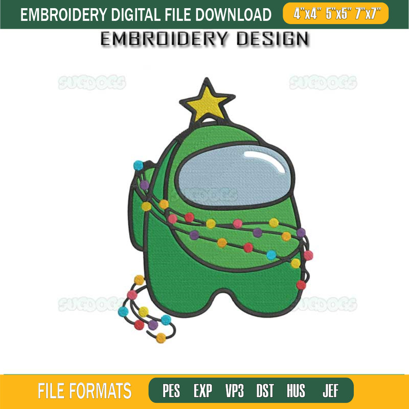 Among Us Christmas Tree Embroidery Design File, Green Among Us Santa Embroidery Design File.jpg