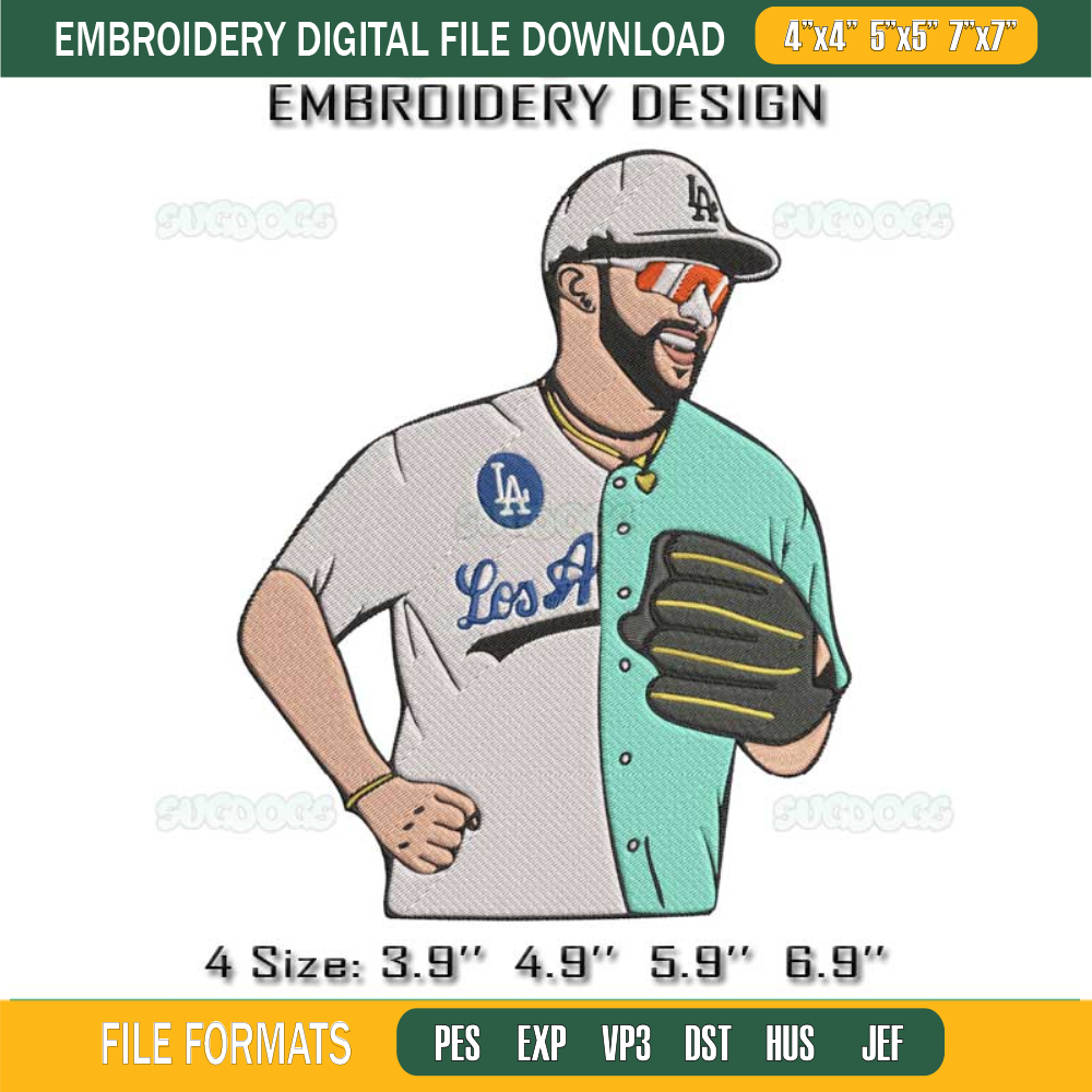 Bad Bunny LA Embroidery Design File, Bad Bunny LA Baseball Embroidery Design File.jpg
