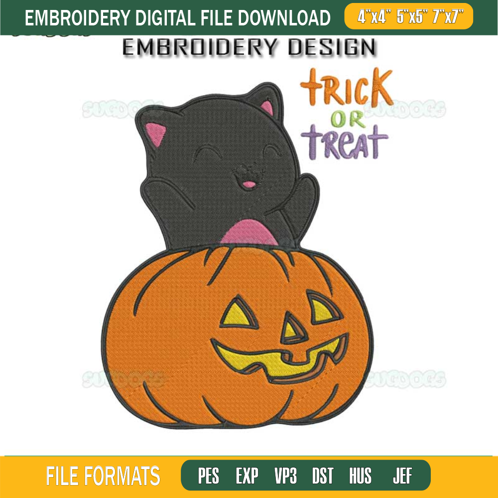 Black Cat Pumpkin Trick Or Treat Embroidery Design File, Cat Halloween Embroidery Design File.jpg