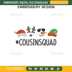 christmas cousin squad embroidery design file, santa hat, elf, reindeer, snowman embroidery design file