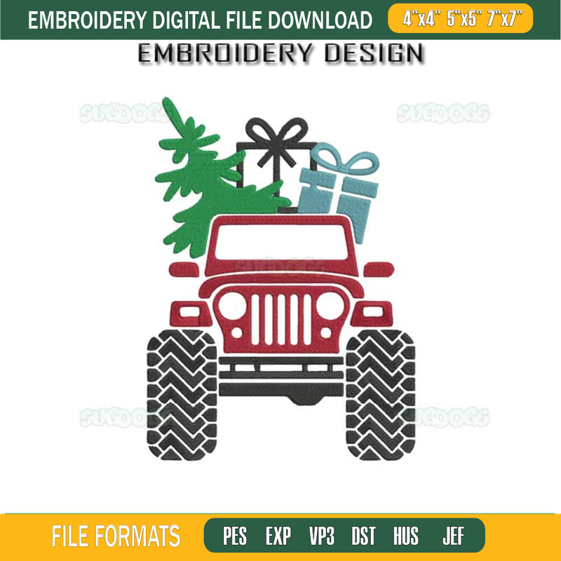 Christmas Jeep Embroidery Design File, Jeep Christmas Tree And Gift Box Embroidery Design File.jpg