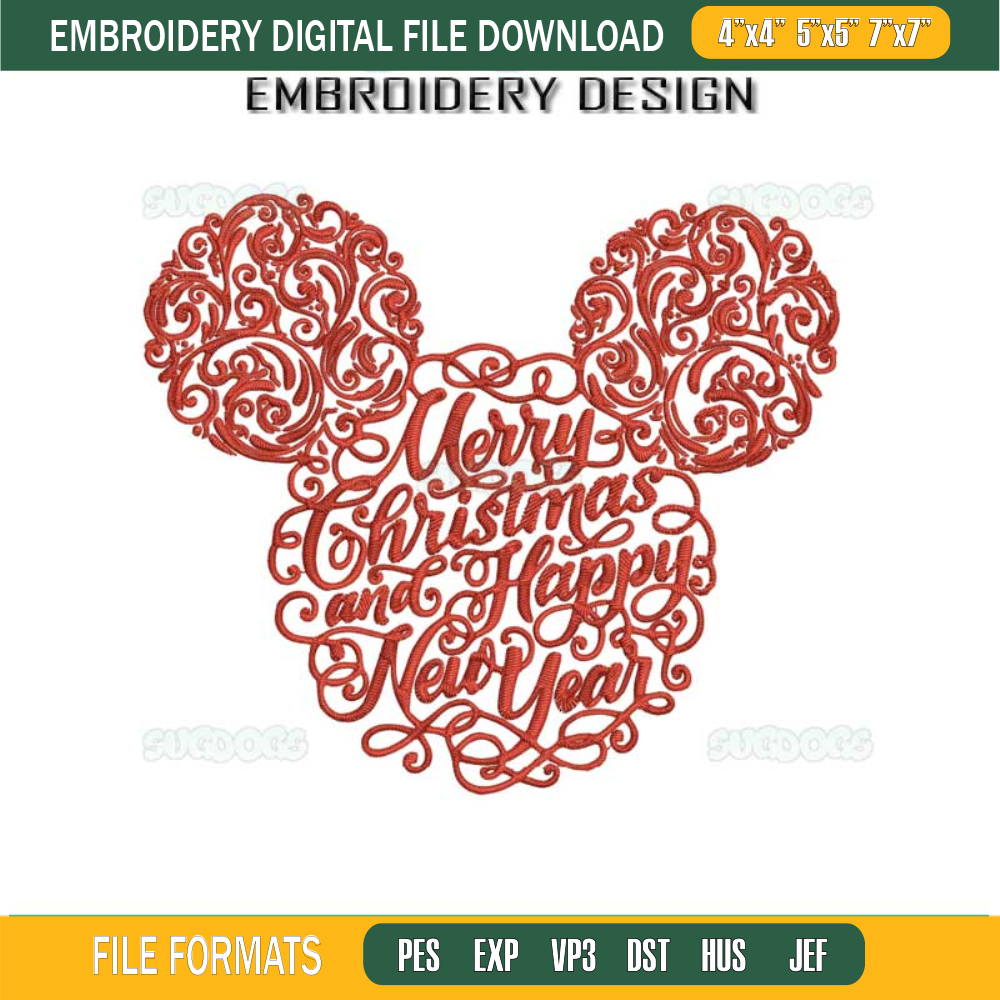 Christmas Mickey Mouse Head Embroidery Design File, Merry Christmas And Happy New Year Embroidery Design File.jpg