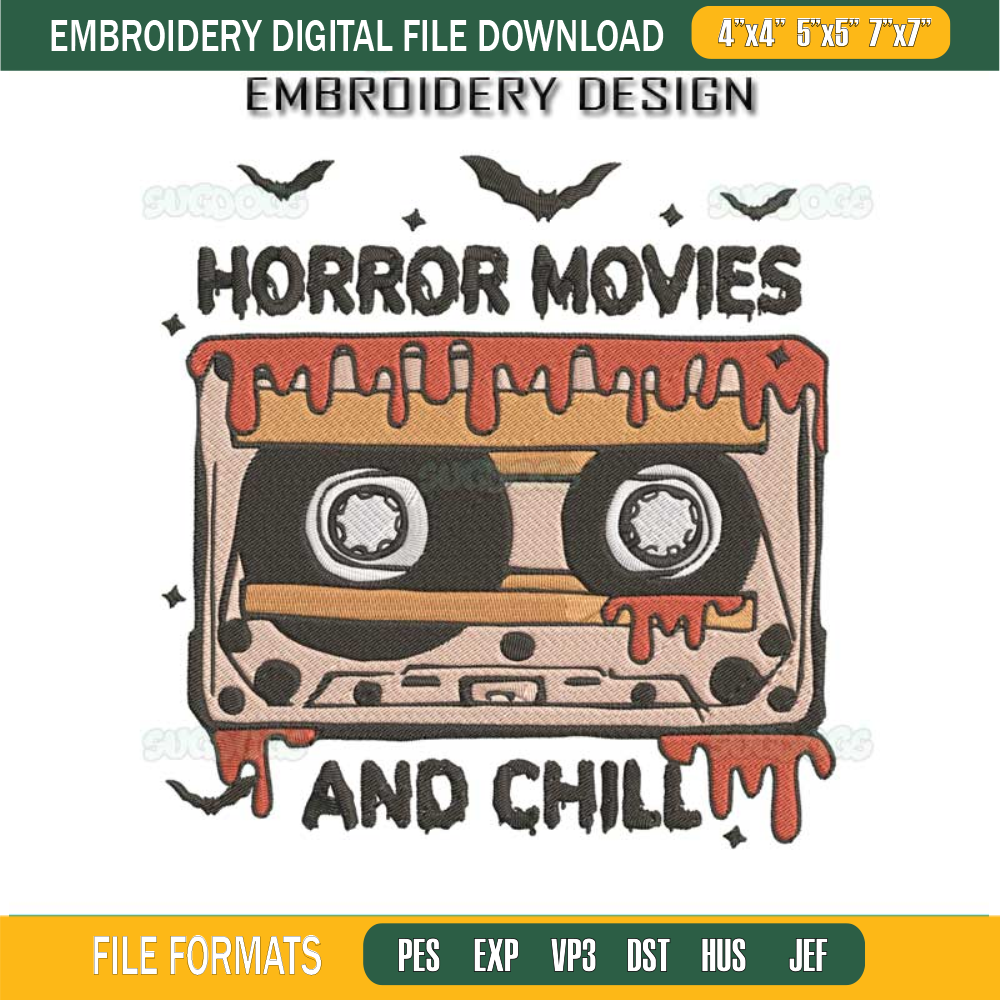 Horror Movies And Chill Embroidery Design File, Retro Horror Movies Embroidery Design File, Retro Halloween Embroidery Design File.jpg