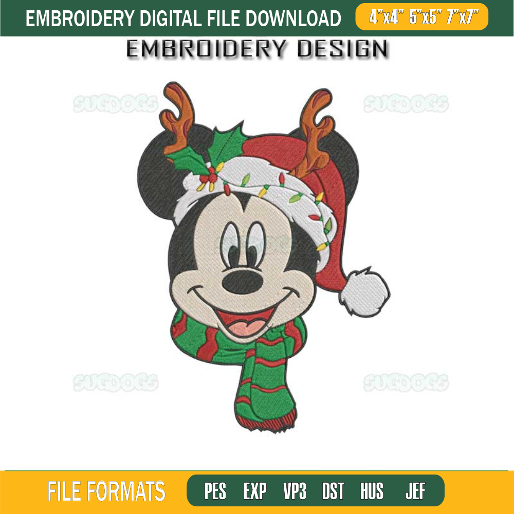Mickey Merry Christmas Embroidery Design File, Character Face Xmas Embroidery Design File.jpg