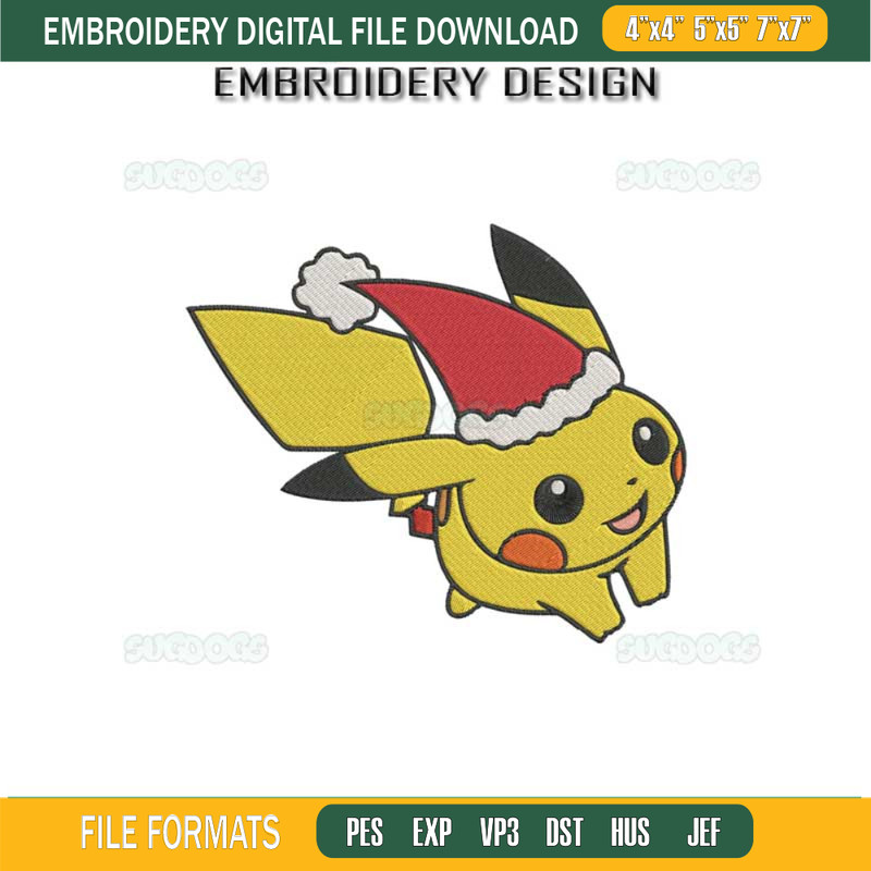 Pikachu Christmas Santa Hat Embroidery Design File, Pokemon Christmas Embroidery Design File.jpg