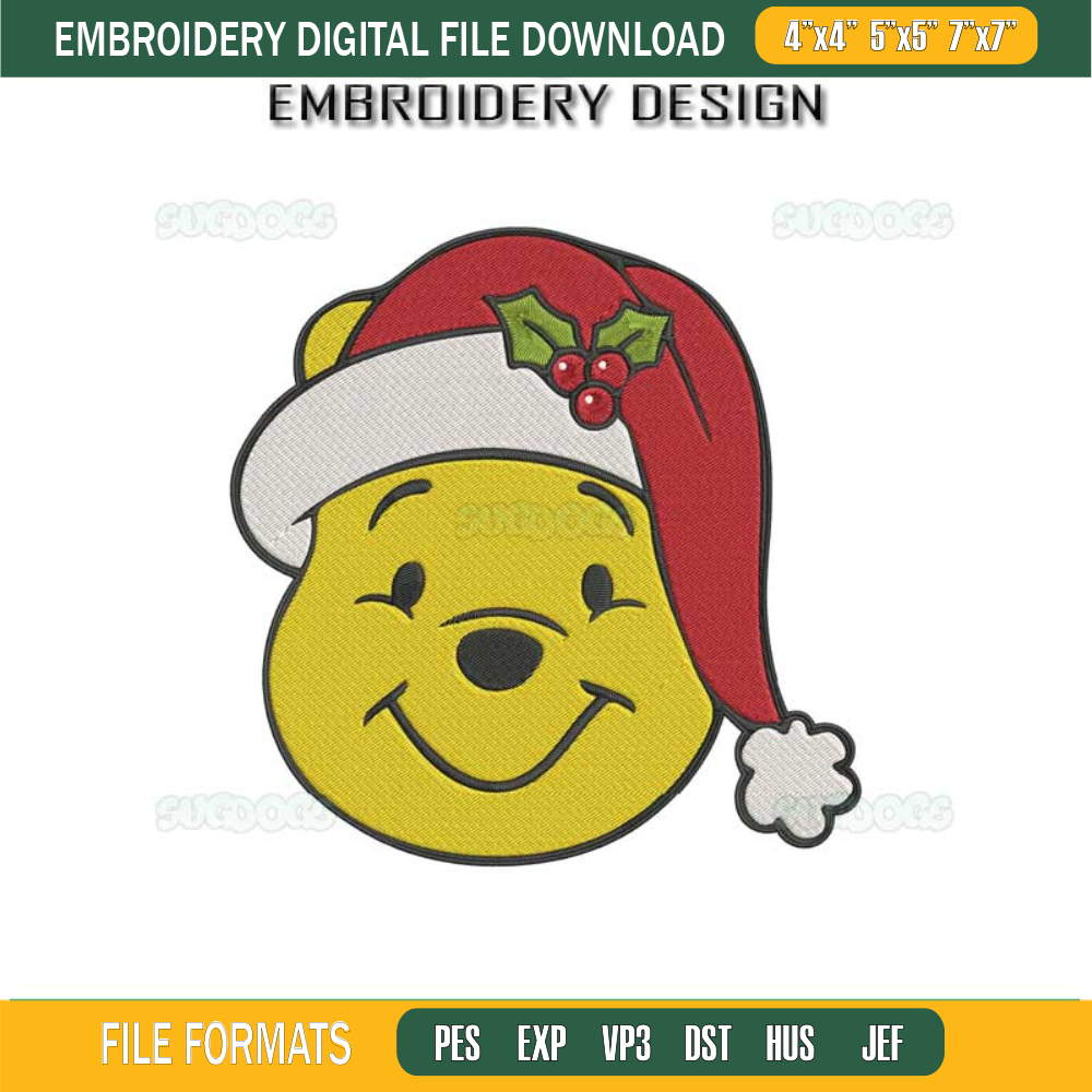 Pooh Bear Face Christmas Embroidery Design File,  The Pooh Christmas Embroidery Design File.jpg