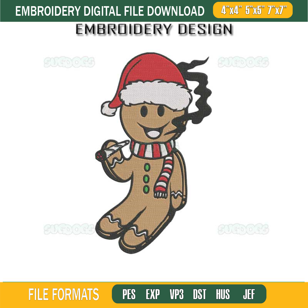 Smoking Gingerbread Man Embroidery Design File, Smoking Weed Embroidery Design File.jpg