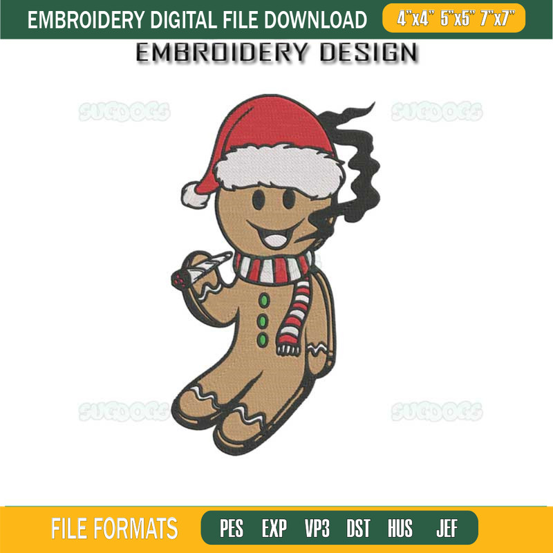 Smoking Gingerbread Man Embroidery Design File, Smoking Weed Embroidery Design File.jpg