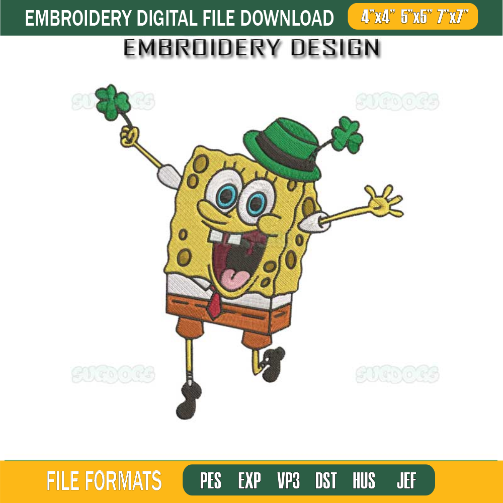Spongebob St Patricks Embroidery Design, Spongebob Leprechaun Embroidery Design.jpg