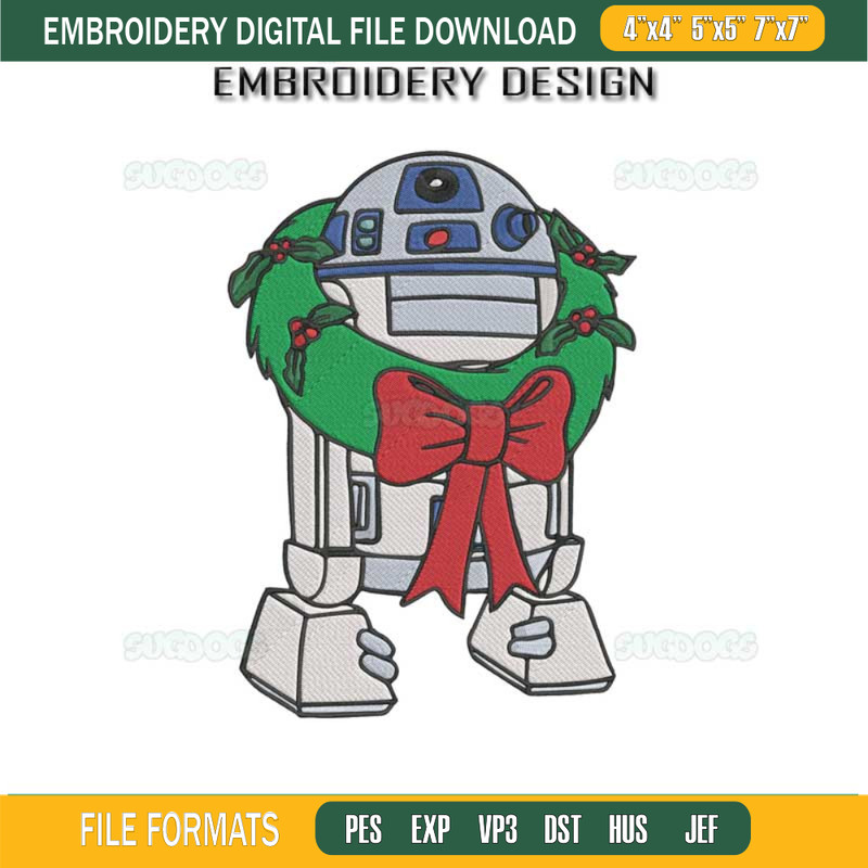 Star Wars Christmas Embroidery Design File, R2D2 Merry Christmas Embroidery Design File.jpg