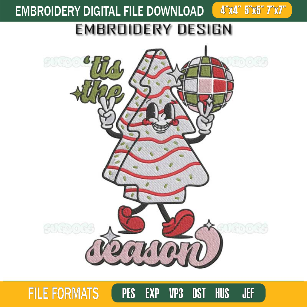 Tis the Season Christmas Embroidery Design File, Christmas Tree Cake Embroidery Design File.jpg