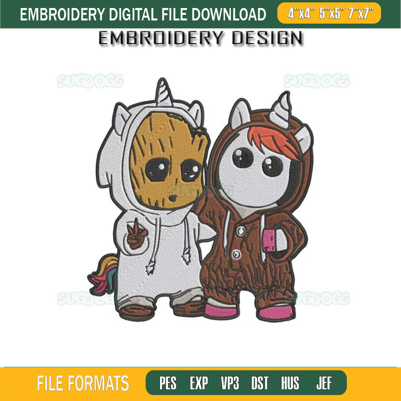 Unicorn And Baby Groot Embroidery Design File, Unicorn Dabbing Embroidery Design File.jpg
