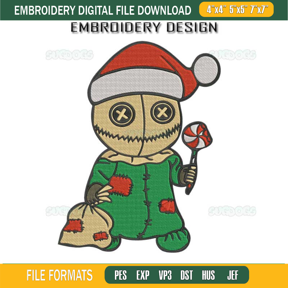 Voodoo Doll Chibi Christmas Hat Embroidery Design File, Horror Halloween Xmas Embroidery Design File.jpg