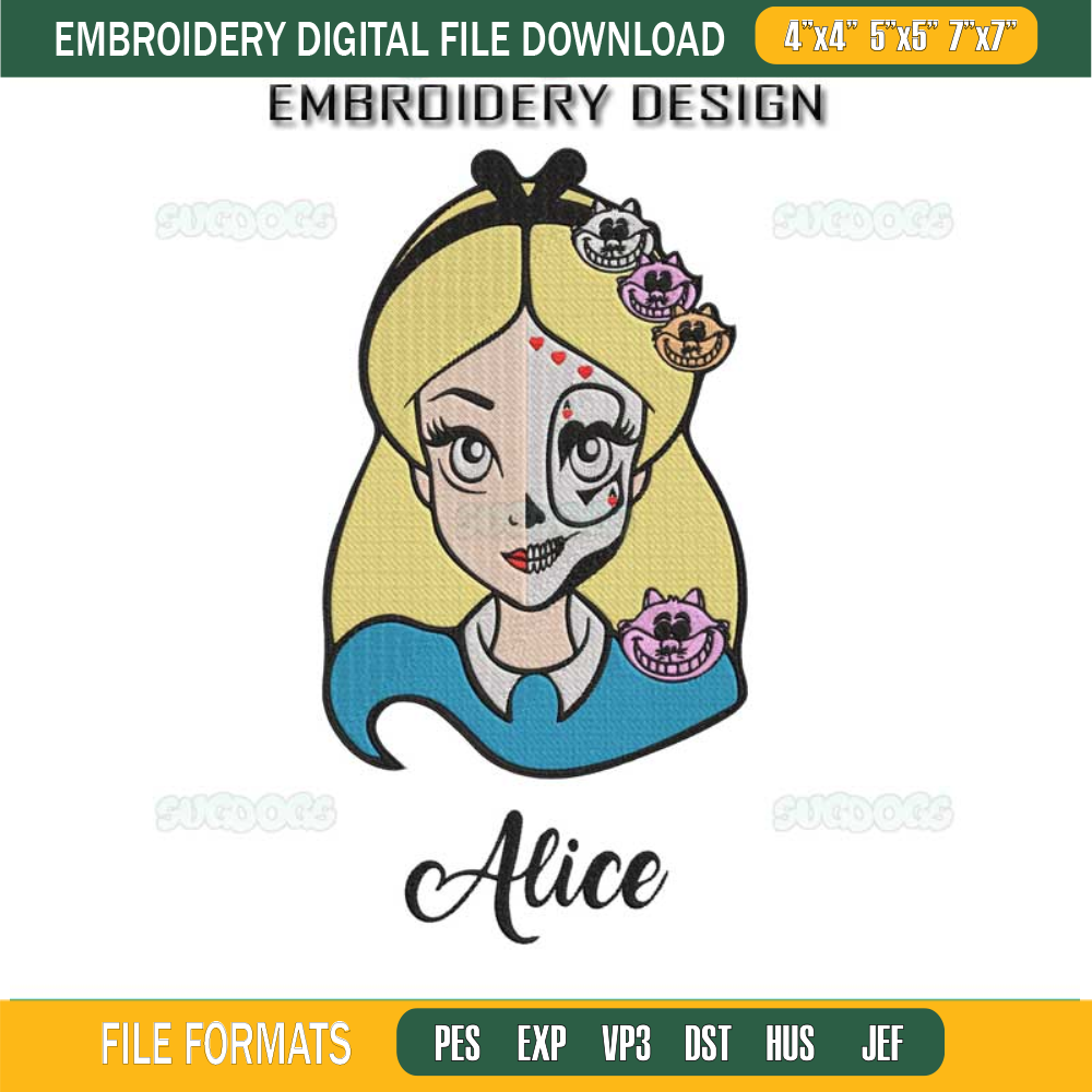 Wonderland Girl Sugar Skull Embroidery Design File, Alice Embroidery Design File.jpg
