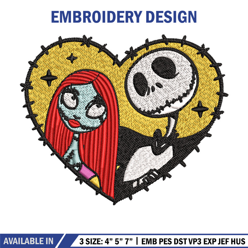 Jack and Sally in Heart Embroidery design, Horror Embroidery, horror design, Embroidery File, Digital download..jpg
