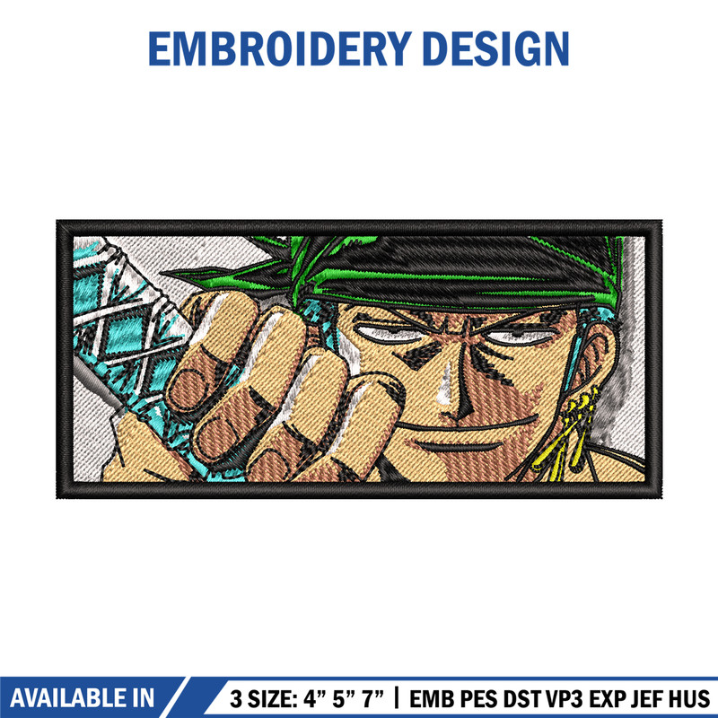 Zoro rectangle embroidery design, One Piece embroidery, embroidery file, anime design, anime shirt, Digital download.jpg