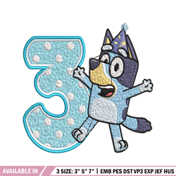 bluey 3rd birthday embroidery design, bluey cartoon embroidery, disney embroidery