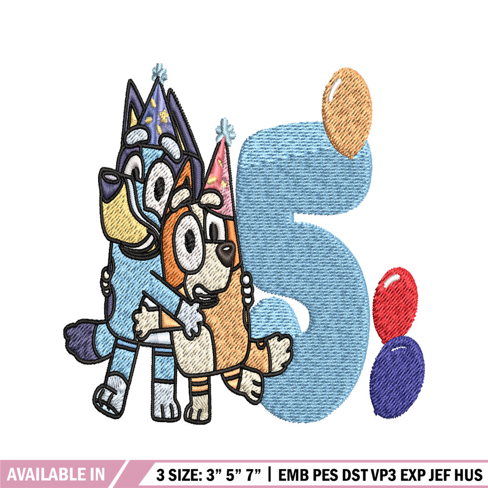 Bluey Bingo 5th Birthday Embroidery, Bluey Cartoon Embroidery, Disney Embroidery, Embroidery File, digital download. 1.jpg