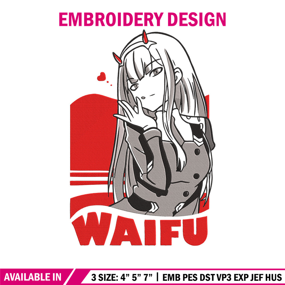 Waifu Zero Two Embroidery Design, Zero Two Embroidery, Embroidery File, Anime Embroidery, Anime shirt,Digital download..jpg