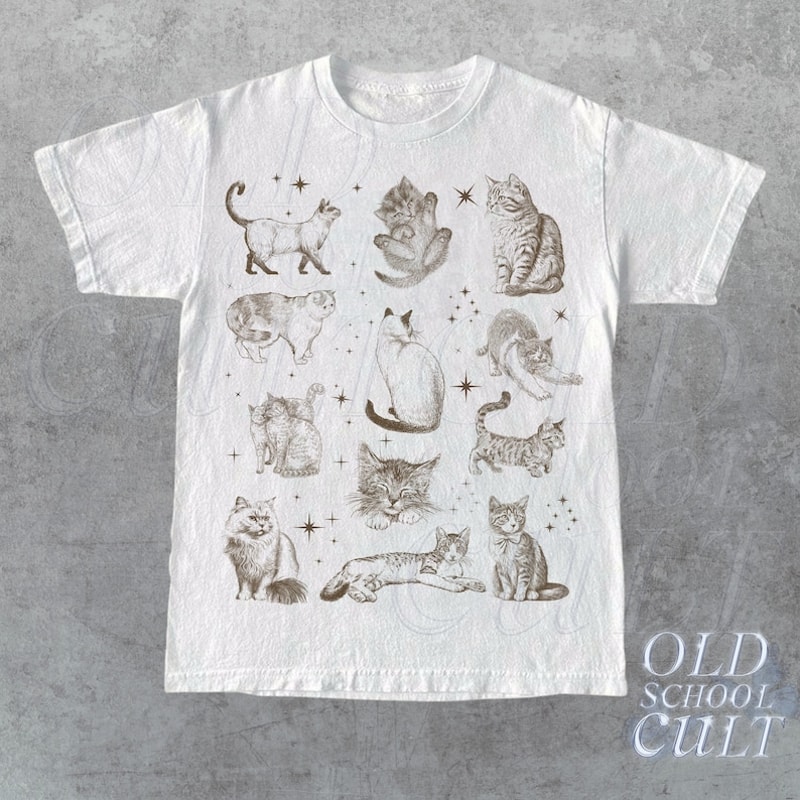 Vintage 90s Tattoo Cat Tshirt, Retro Kitten Nature Shirt, Cat Lovers Gift, Cats In Space Unisex Relaxed Adult Graphic Tee, Funny Gifts2.jpg
