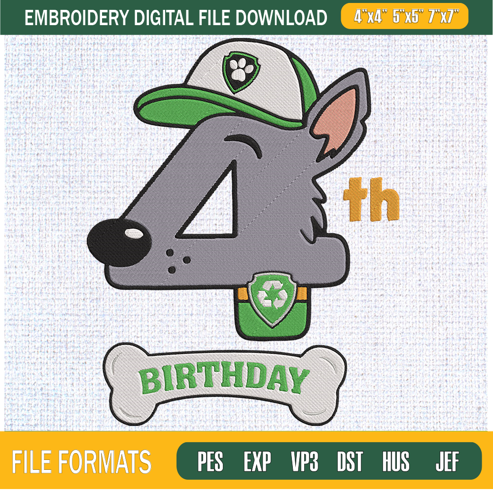 4th Birthday Rocky Paw Patrol Birthday Embroidery Designs, Birthday Machine Embroidery Design, Machine Embroidery Designs - Premium & Original SVG Cut Files.jpg