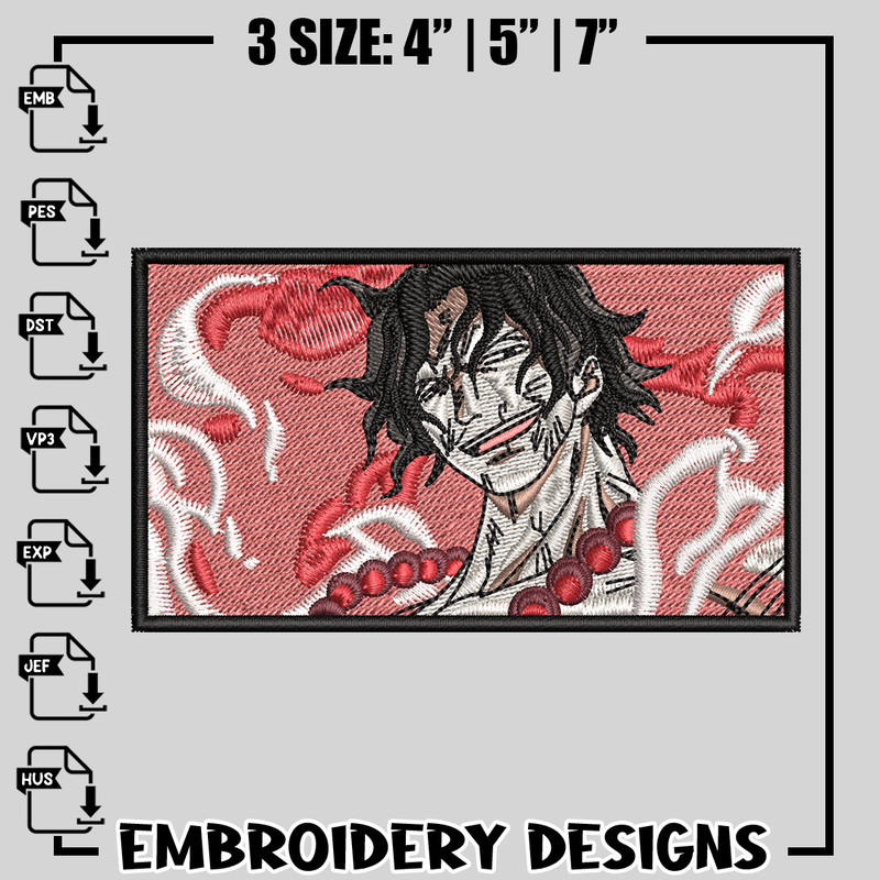 Ace Fire embroidery design, One Piece embroidery, anime design, logo design, anime shirt, Instant download.jpg