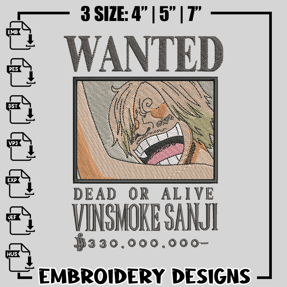 Bounty Sanji embroidery design, One Piece embroidery, anime design, logo design, anime shirt, Instant download.jpg