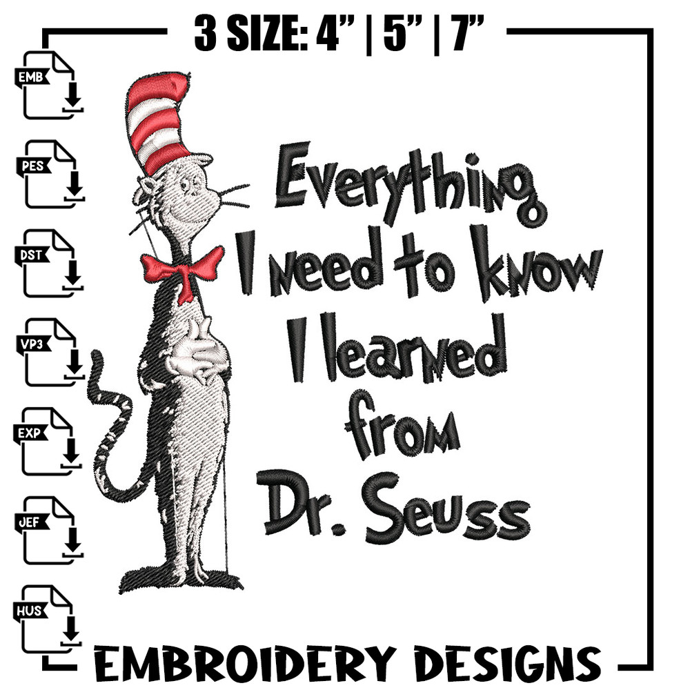 Everything I Need To Know I Learned From Embroidery Design, Dr Seuss Embroidery, Embroidery File, Digital download..jpg