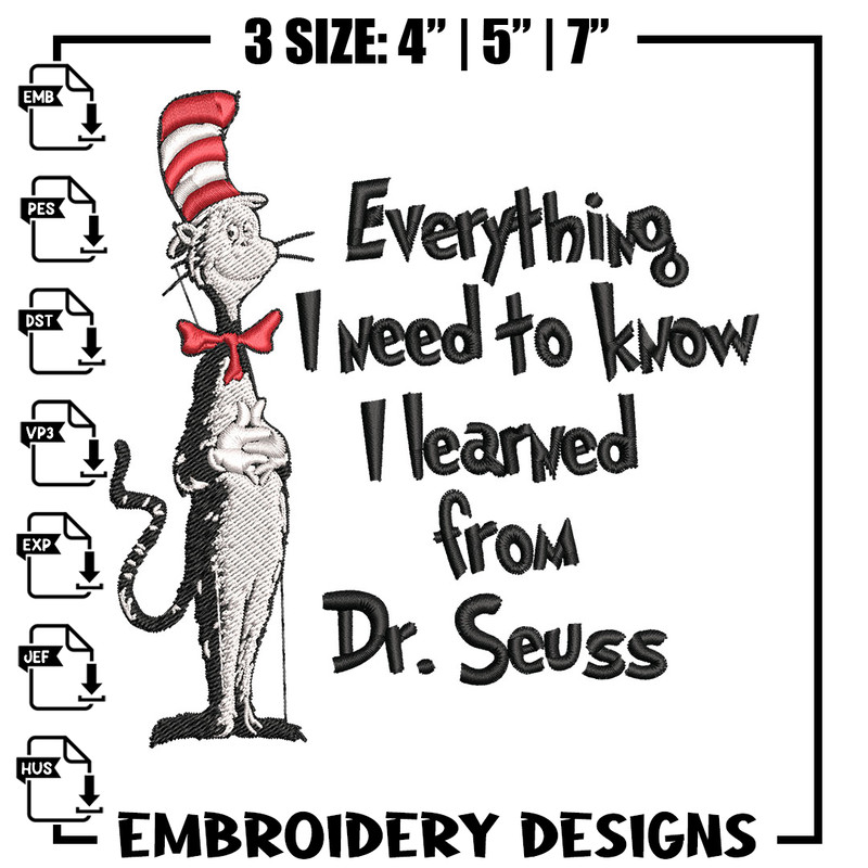 Everything I Need To Know I Learned From Embroidery Design, Dr Seuss Embroidery, Embroidery File, Digital download..jpg