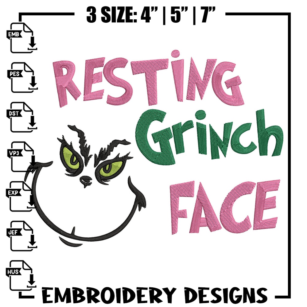 Grinch face Embroidery Design, Grinch Embroidery, Embroidery File, Chrismas Embroidery, Anime shirt, Digital download.jpg