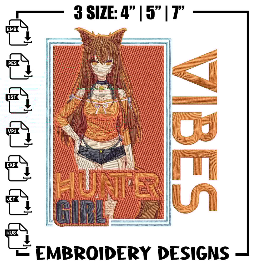 Hunter girl Embroidery Design, Cat girl Embroidery, Embroidery File, Anime Embroidery, Anime shirt,Digital download..jpg