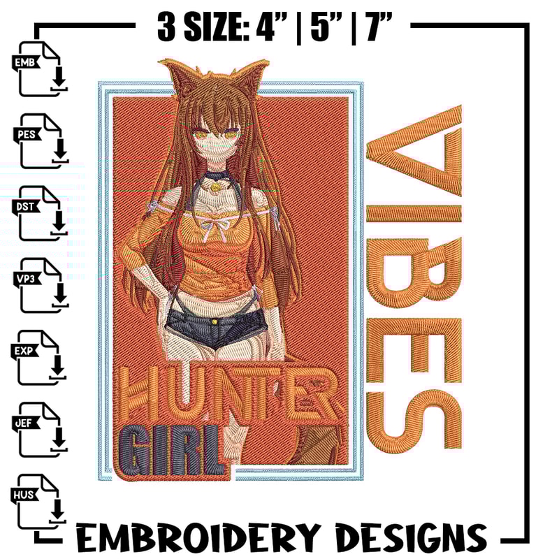 Hunter girl Embroidery Design, Cat girl Embroidery, Embroidery File, Anime Embroidery, Anime shirt,Digital download..jpg