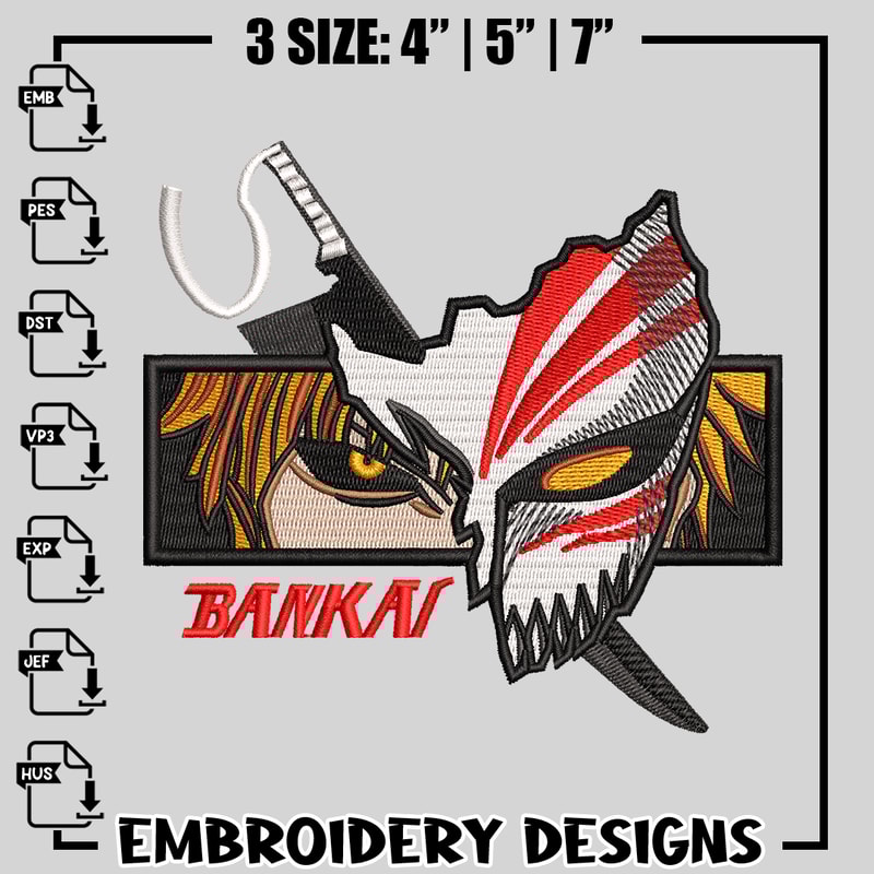 Ichigo hollow mask embroidery design, bleach embroidery, anime design, logo design, anime shirt, Digital download.jpg