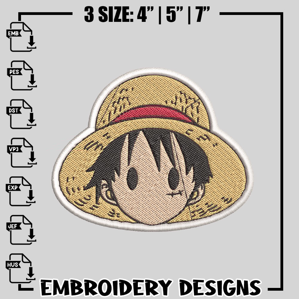 Luffy Chibi embroidery design, One Piece embroidery, anime design, logo design, anime shirt, Instant download.jpg