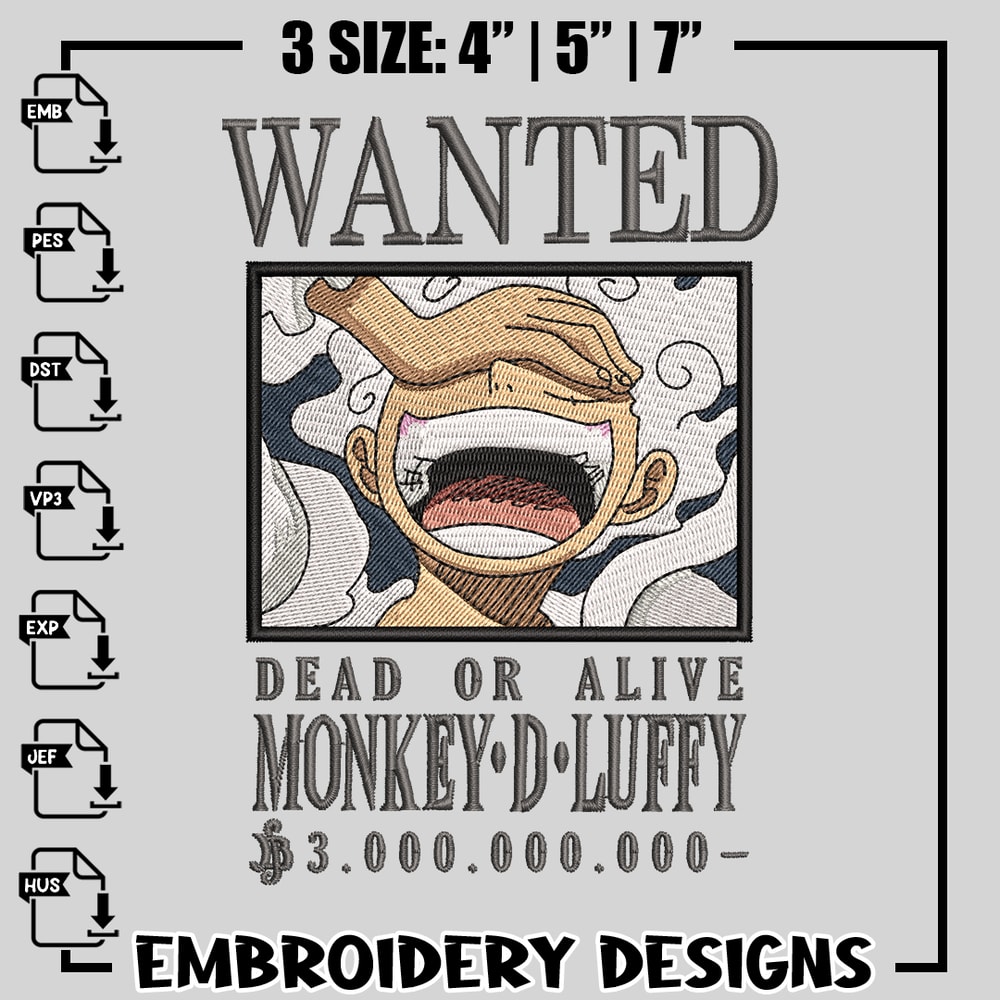Luffy Gear 5 Bounty embroidery design, One Piece embroidery, anime design, logo design, anime shirt, Instant download.jpg