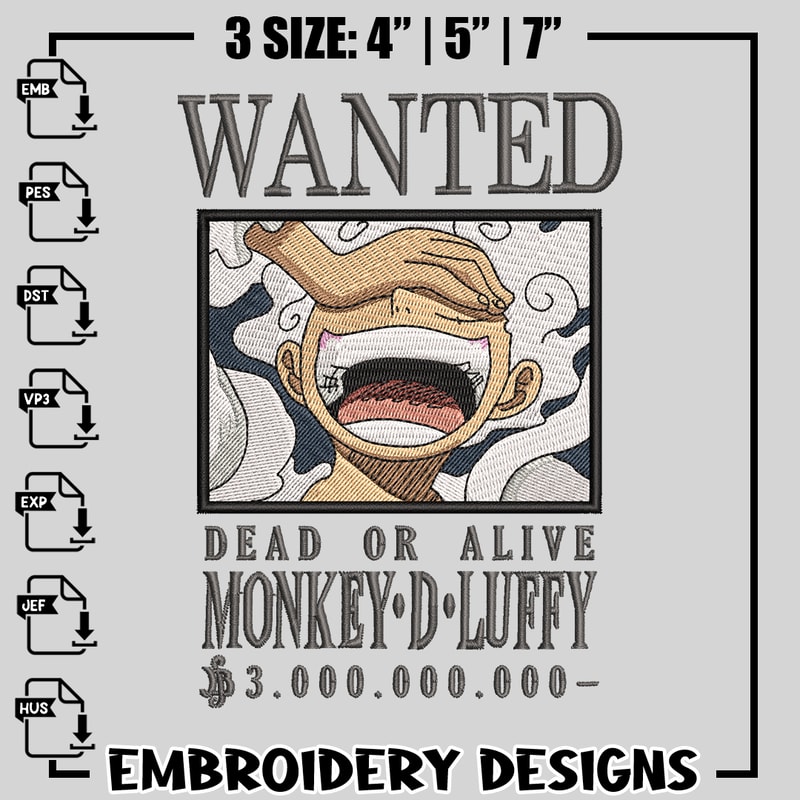 Luffy Gear 5 Bounty embroidery design, One Piece embroidery, anime design, logo design, anime shirt, Instant download.jpg