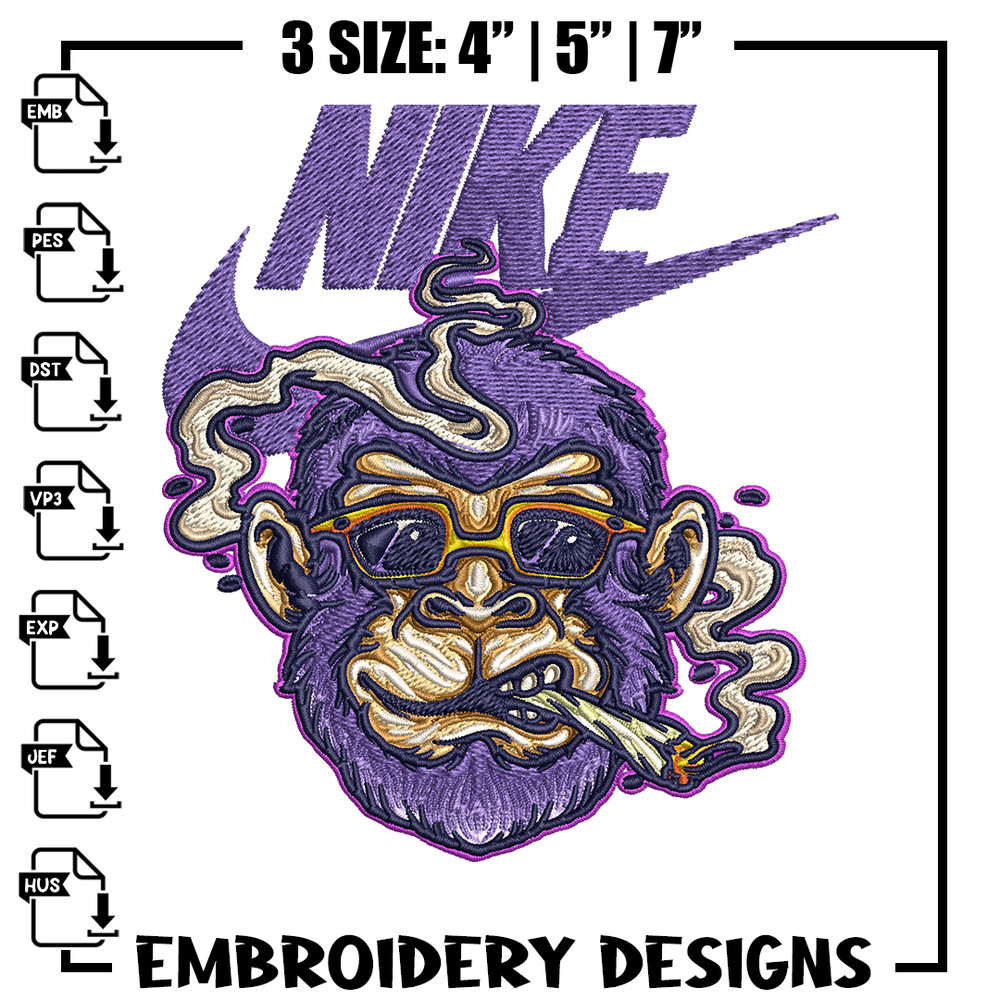 Monkey head smoking Nike Embroidery design, Monkey Embroidery, Nike design, Embroidery file, Instant download. 1.jpg