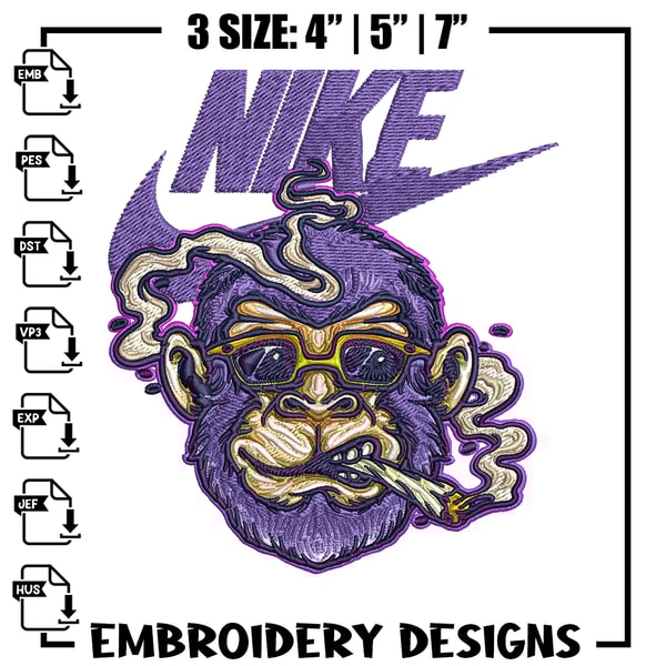 Monkey head smoking Nike Embroidery design, Monkey Embroidery, Nike design, Embroidery file, Instant download. 1.jpg