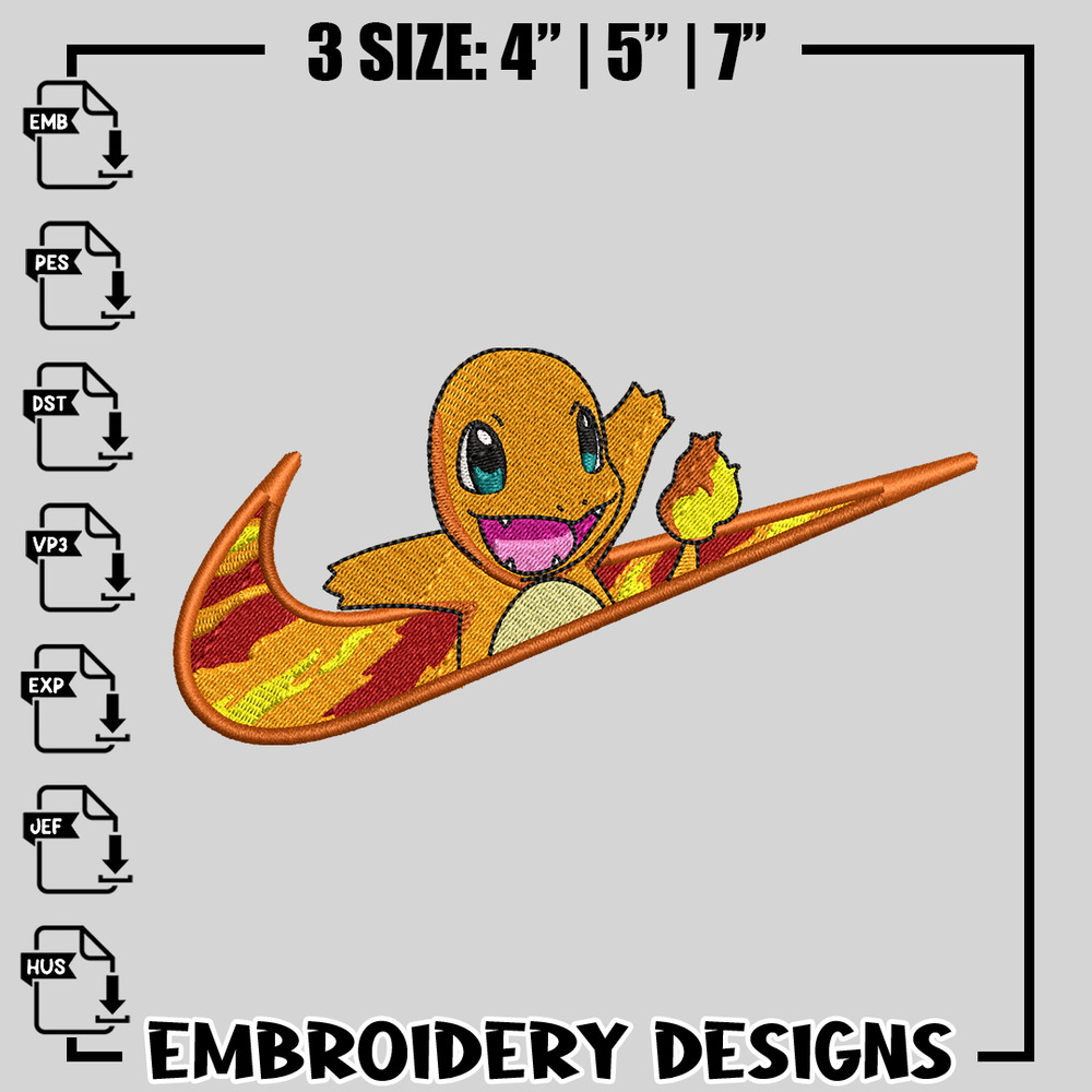 Nike x Charmande embroidery design, Pokemon embroidery, anime design, logo design, anime shirt, Digital download.jpg