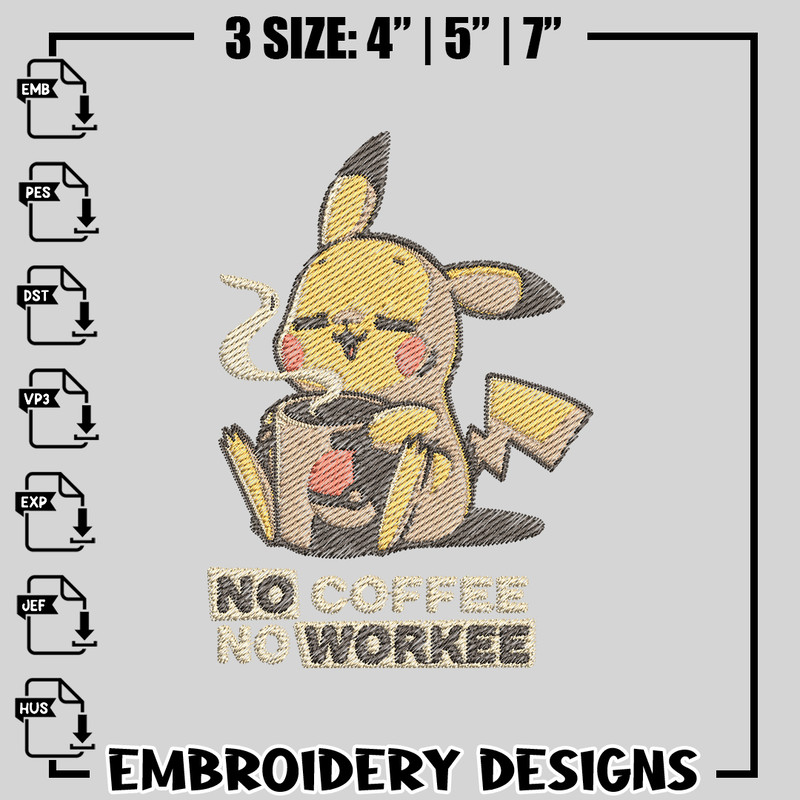 Pikachu coffe embroidery design, Pokemon embroidery, anime design, logo design, anime shirt, Digital download.jpg