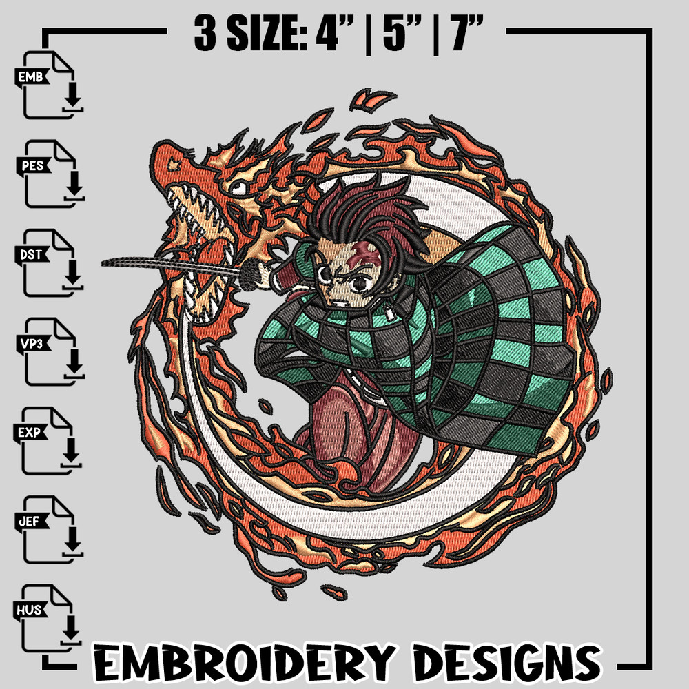 Tanjiro Fire Breathing embroidery design, Kimetsu no Yaiba embroidery, anime design, logo design, Digital download.jpg