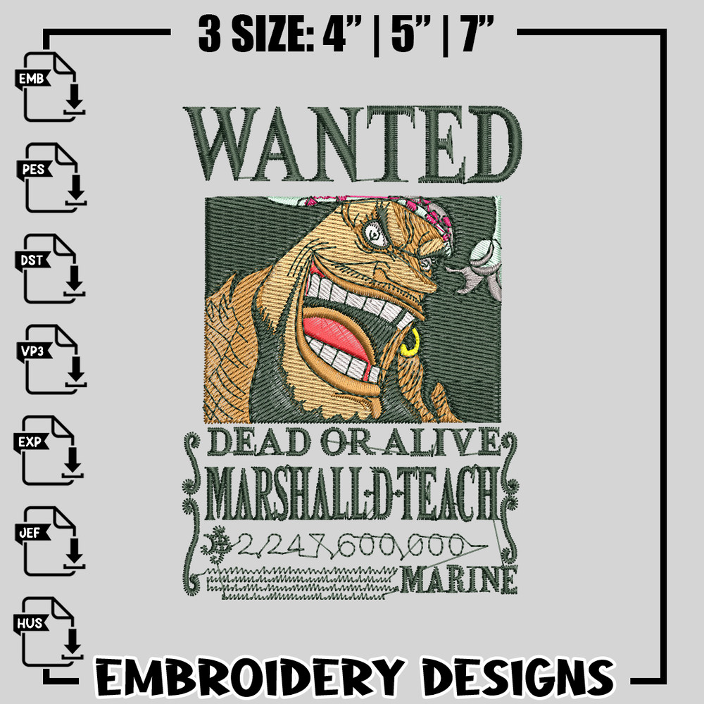 Wanted Marshall embroidery design, One Piece embroidery, logo design, anime design, anime shirt, Digital download.jpg